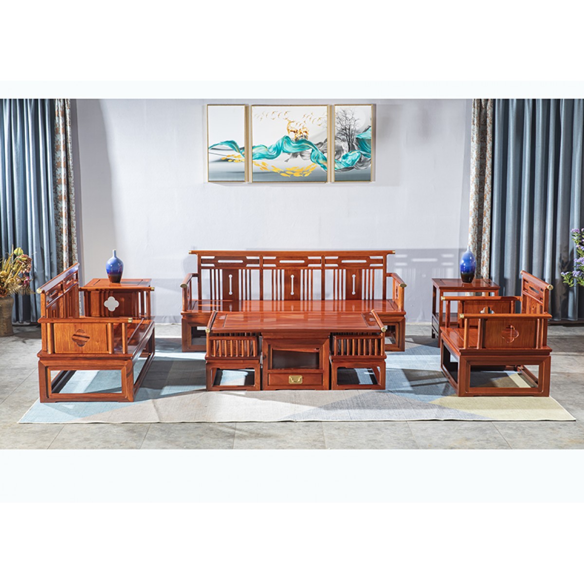 缅甸花梨国标红木大果紫檀沙发心仪八件套+两米电视柜九件套客厅新中式