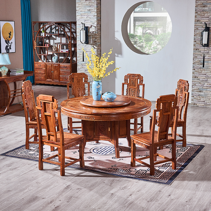 刺猬紫檀圆餐桌中式古典圆形餐台花梨木转盘红木餐桌椅组合家具