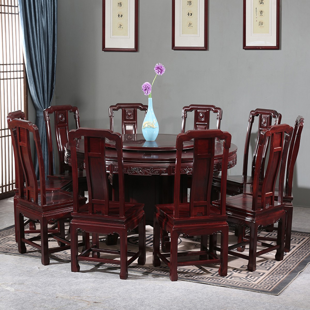 红木餐桌圆桌非洲酸枝木圆台椅组合实木雕花中式户型大圆桌128米七件套