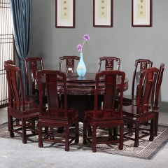 红木餐桌圆桌非洲酸枝木圆台椅组合实木雕花中式户型大圆桌128米七件套