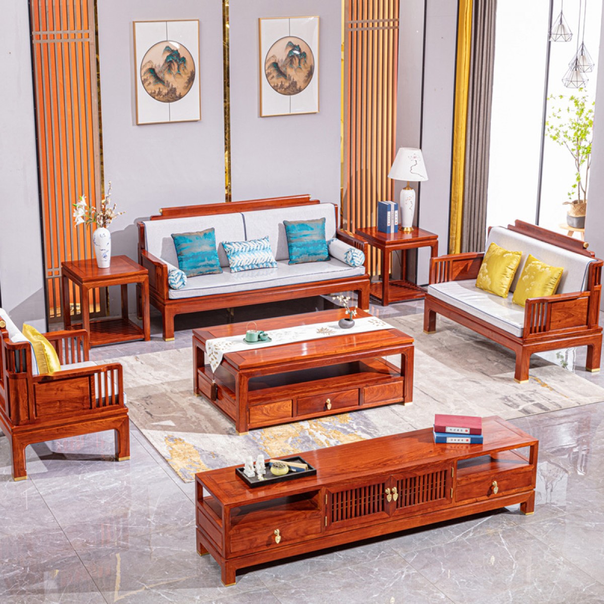 红木家具新中式沙发缅甸花梨木明清古典中式实木沙发客厅臻尚沙发123六件套