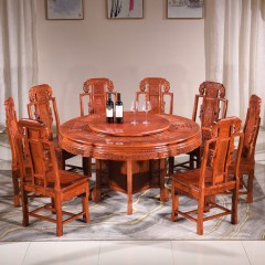 餐桌圆桌椅大圆台家具非洲花梨木刺猬紫檀带转盘象头实木1.6米配六椅