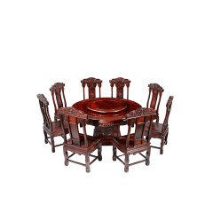 红木家具实木餐桌椅组合印尼黑酸枝木花开富贵圆桌子餐台158十一件套